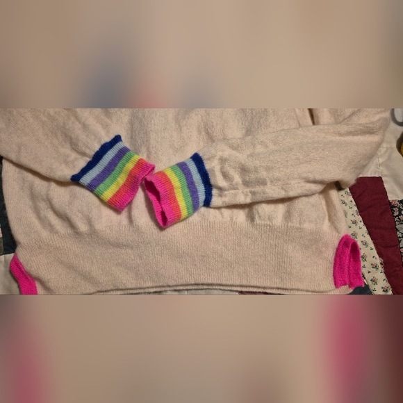 SCOTT & SCOTT LONDON Cashmere Cream Sweater Kiss Motif In Rainbow Foil Sz.S - Picture 4 of 6